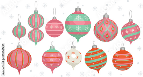 Christmas ornament ball set with festive holiday decorations, colorful hanging baubles and winter snowflake illustration elements