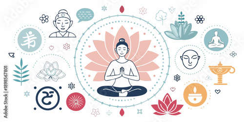 Serene yogi meditates in lotus position surrounded by calming symbols
