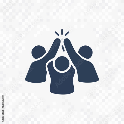 Three silhouetted figures with arms raised in a celebratory high-five, symbolizing teamwork, success, and unity on a transparent background