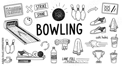Collection of hand-drawn bowling elements and equipment for a sports illustration