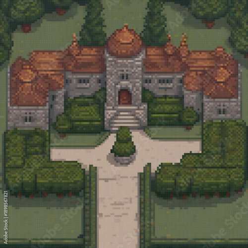 A pixel art image depicts a castle with a large courtyard, a tower, and a stone entrance.