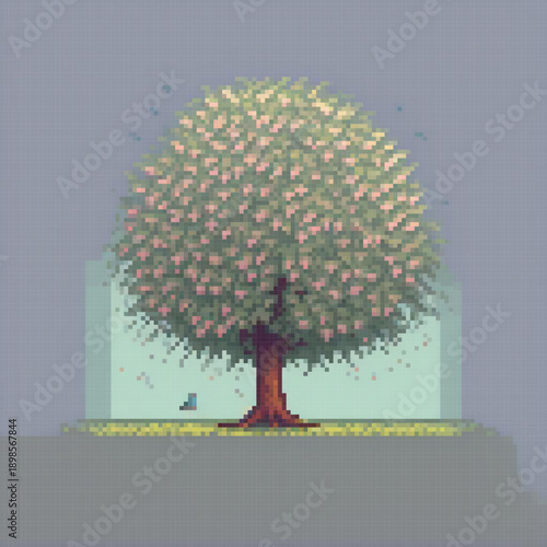 A pixel art image depicts a tree with pink leaves, a bird perched on a branch, and a cloudy sky in the background.
