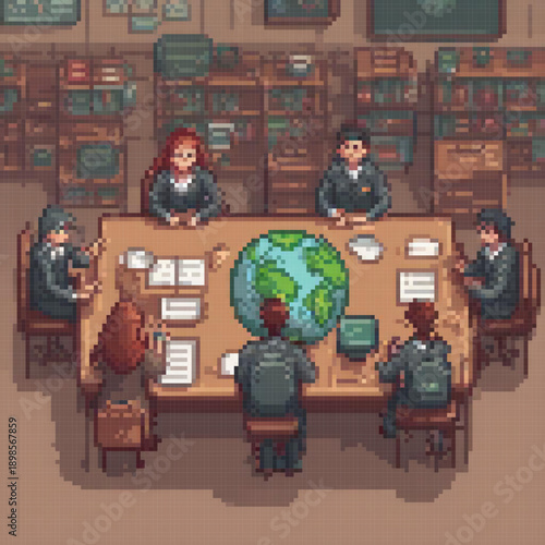 A group of people, including a woman, are seated around a table with a globe in the center. The scene appears to be a pixel art representation.