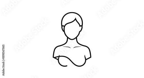 Simple line art illustration of a faceless woman with short hair and bare shoulders on white background