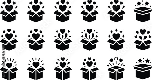 Gift box with heart icon set showing love, surprise, reward symbols in black silhouette vector illustration design