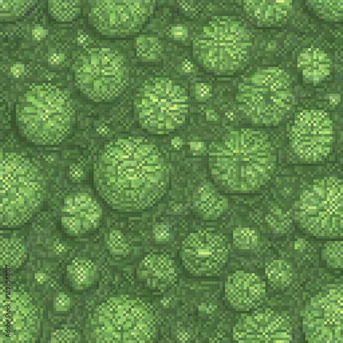 The image showcases a lush green field with various green dots, possibly representing plants or water droplets.