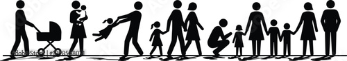 Family silhouettes set showing parents and children walking, holding hands, pushing stroller and playing together, happy family life stages illustration isolated on white background