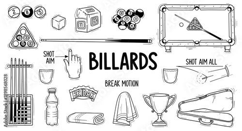 Collection of hand-drawn illustrations related to billiards and pool games