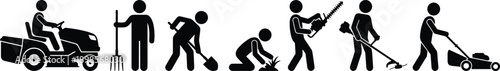 Gardening and lawn care worker silhouettes set showing mowing, digging, planting, trimming hedges and yard maintenance activities, professional landscaping service illustration isolated 