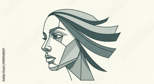 Geometric woman face profile with flowing hair in shades of gray on cream background abstract illustration