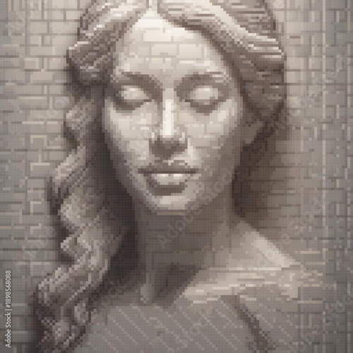 A pixel art image of a woman with long hair, a serene expression, and a brick wall background.