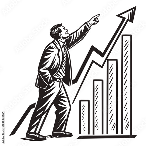 Businessman pointing at rising chart, business growth concept, linocut style vector illustration, thick expressive lines, vintage linocut print look, black and white only, no gradients, no texture noi