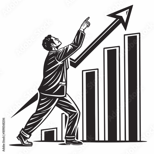 Businessman pointing at rising chart, business growth concept, linocut style vector illustration, thick expressive lines, vintage linocut print look, black and white only, no gradients, no texture noi