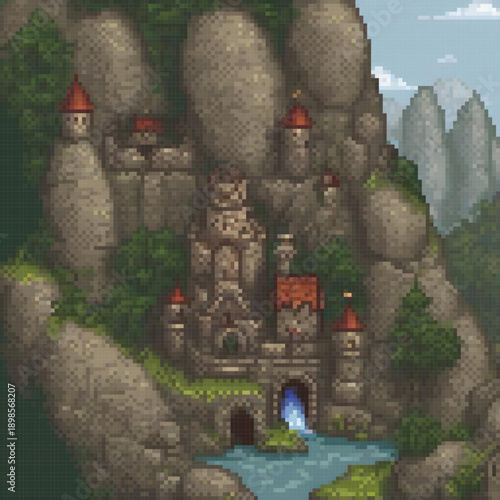 A pixel art image depicts a castle nestled on a rocky hillside, with a river flowing nearby.