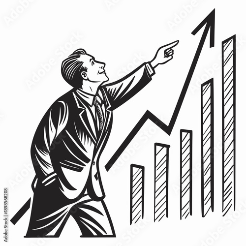 Businessman pointing at rising chart, business growth concept, linocut style vector illustration, thick expressive lines, vintage linocut print look, black and white only, no gradients, no texture noi