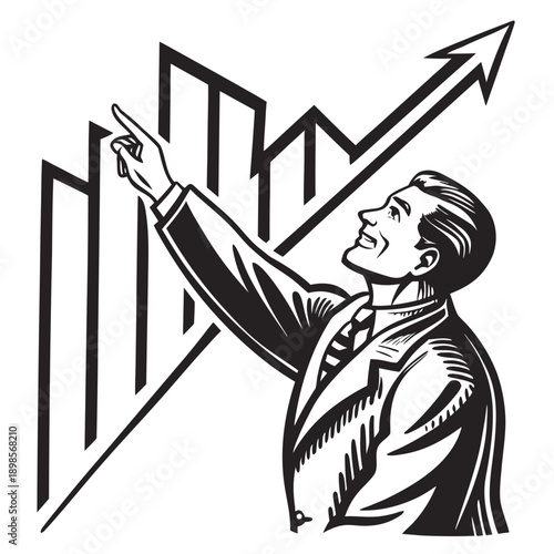 Businessman pointing at rising chart, business growth concept, linocut style vector illustration, thick expressive lines, vintage linocut print look, black and white only, no gradients, no texture noi