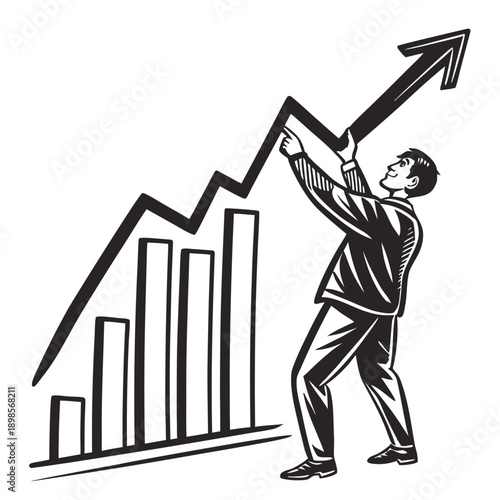Businessman pointing at rising chart, business growth concept, linocut style vector illustration, thick expressive lines, vintage linocut print look, black and white only, no gradients, no texture noi