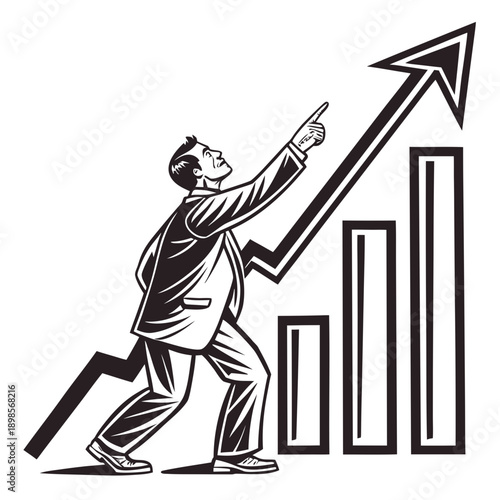 Businessman pointing at rising chart, business growth concept, linocut style vector illustration, thick expressive lines, vintage linocut print look, black and white only, no gradients, no texture noi