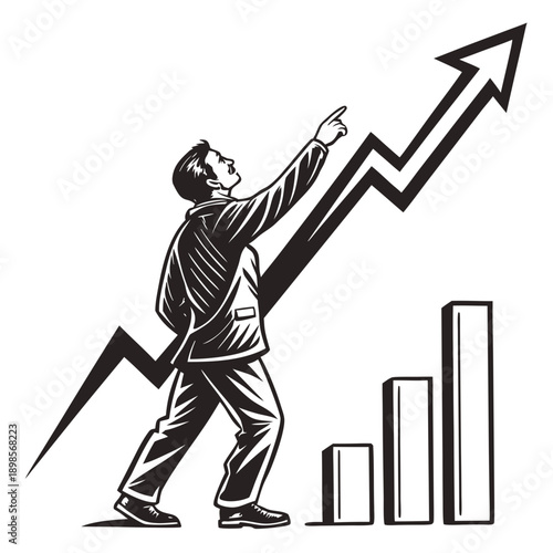 Businessman pointing at rising chart, business growth concept, linocut style vector illustration, thick expressive lines, vintage linocut print look, black and white only, no gradients, no texture noi