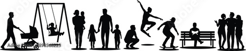 People park activity silhouettes set showing families, children playing, parents walking, skateboarders jumping and friends talking outdoors, urban leisure lifestyle illustration isolated on white