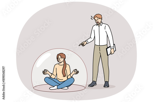 Woman meditates and does not pay attention to screaming boss, sits in lotus position in transparent cocoon. Girl meditates and practices zen buddhism to stay calm at work with toxic management.