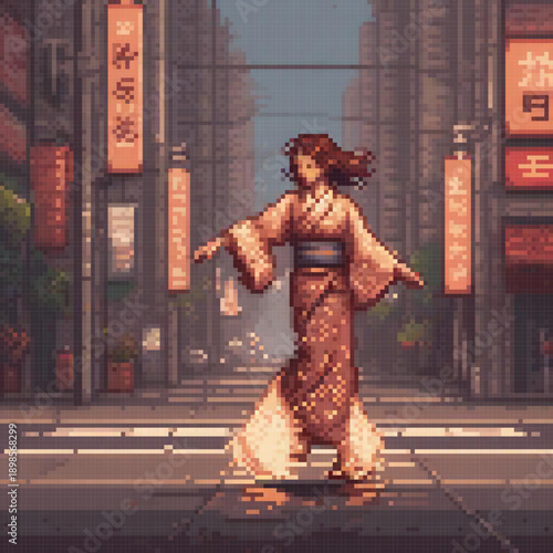 A woman in a traditional Japanese kimono stands on a city street, surrounded by neon signs and streetlights.