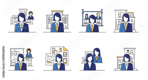 Businesswoman Line Icons Set. Professional Corporate Women, CEO, Finance, and Office Management Administration Vector Illustration Bundle.
