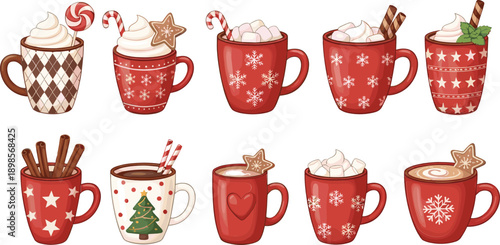 Christmas winter hot drink mug set with cocoa, marshmallows, candy cane and festive holiday cup illustrations
