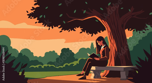 cinematic woman sitting on a nature beach bench at sunset reading book in cinematic illustration