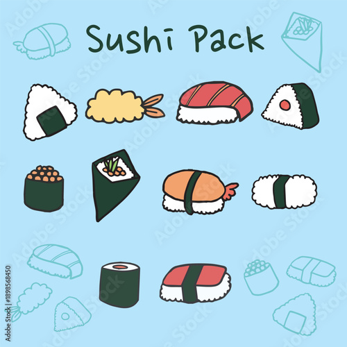 cute sushi pack illustration set with various japanese food icons kawaii style