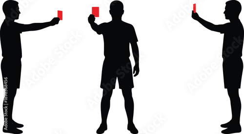 Soccer referee silhouettes showing red card gesture from different angles, football officiating concept illustration isolated on white background for sports rules and fair play