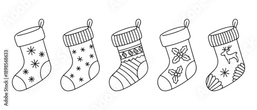 Collection of Festive Christmas Stockings Line Art Vector Illustrations for Holiday Designs.