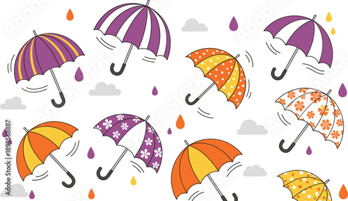 Colorful umbrella seamless pattern with raindrops, clouds and autumn rain weather elements for textile design illustration