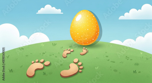 Large yellow egg on green hill with footprints leading to it under blue sky with white clouds
