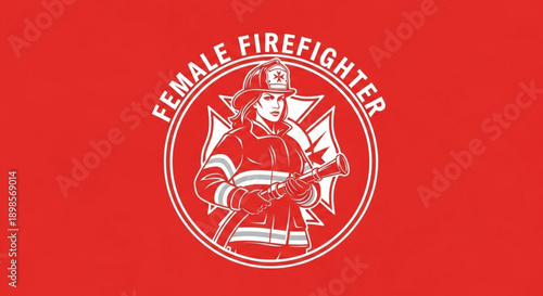 Female firefighter logo with a woman in uniform and helmet on red background symbolizing bravery and empowerment