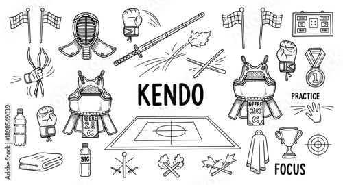 Kendo martial art equipment and symbols doodle illustration for sports and competition