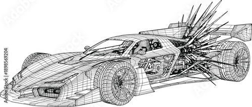 Futuristic supercar wireframe illustration showcasing detailed 3D mesh structure, racing concept vehicle design isolated on white background, high tech automotive engineering art
