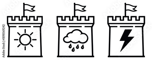 Line art castle tower icons set featuring sun, rain cloud, and lightning bolt symbols for weather forecast applications
