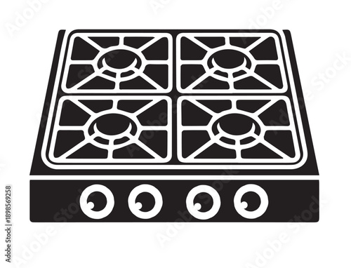 Four Burner Gas Stove Top Icon with Control Knobs, Black Silhouette