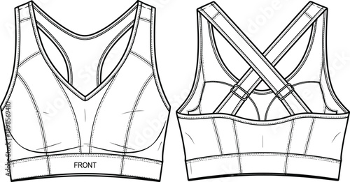 Women sports bra technical flat sketch front and back view, fashion CAD drawing vector illustration for activewear apparel design