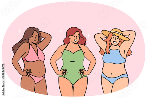 Body-positive women in swimsuits smile and call to abandon stereotypical opinions and body shaming. Attractive girls visiting sunny beach are preparing to sunbathe and swim in sea or ocean