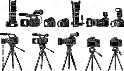 Professional camera equipment silhouettes set featuring DSLR cameras, video cameras, lenses and tripods, isolated black vector illustration for photography, filmmaking, media production, and 