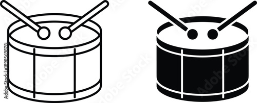 Drum icon set with drumsticks black and white musical instrument silhouettes vector illustration isolated minimalist design collection