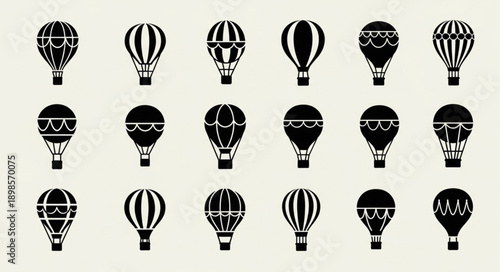 Collection of Black Hot Air Balloon Silhouettes on Light Background.