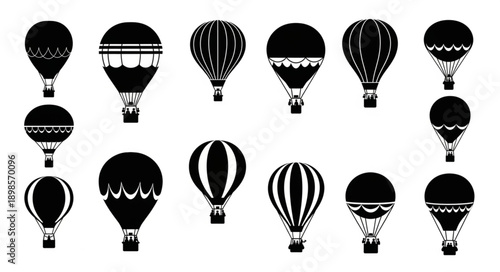 Collection of black hot air balloon silhouettes on white background.