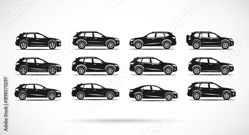 Collection of black car silhouettes side view isolated on white background.