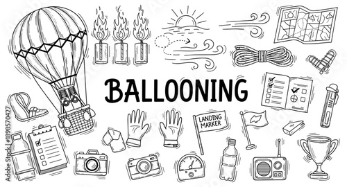Hot air ballooning adventure equipment and elements illustration