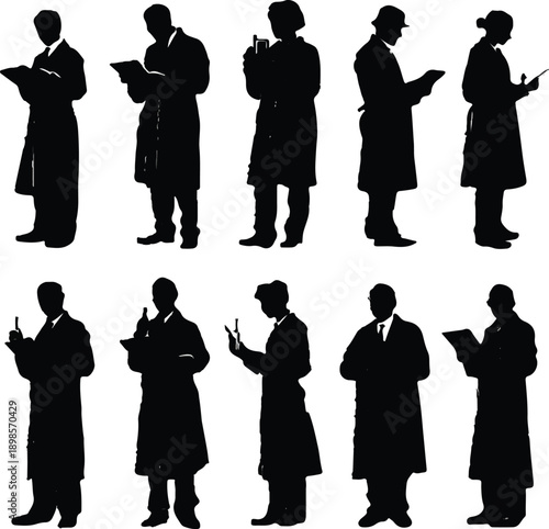 A collection of historical silhouettes depicting men in coats and hats performing professional tasks.