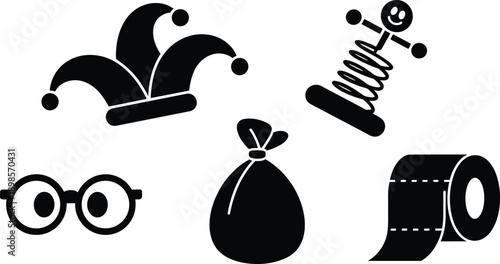 Black minimalist clown icon set featuring jester hat spring toy glasses bag toilet paper vector silhouettes illustration, isolated design collection