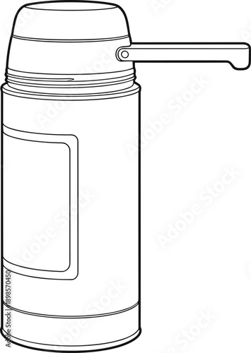 Thermos bottle technical line art illustration, cad drawing flat vector illustration of insulated vacuum flask isolated on white background
